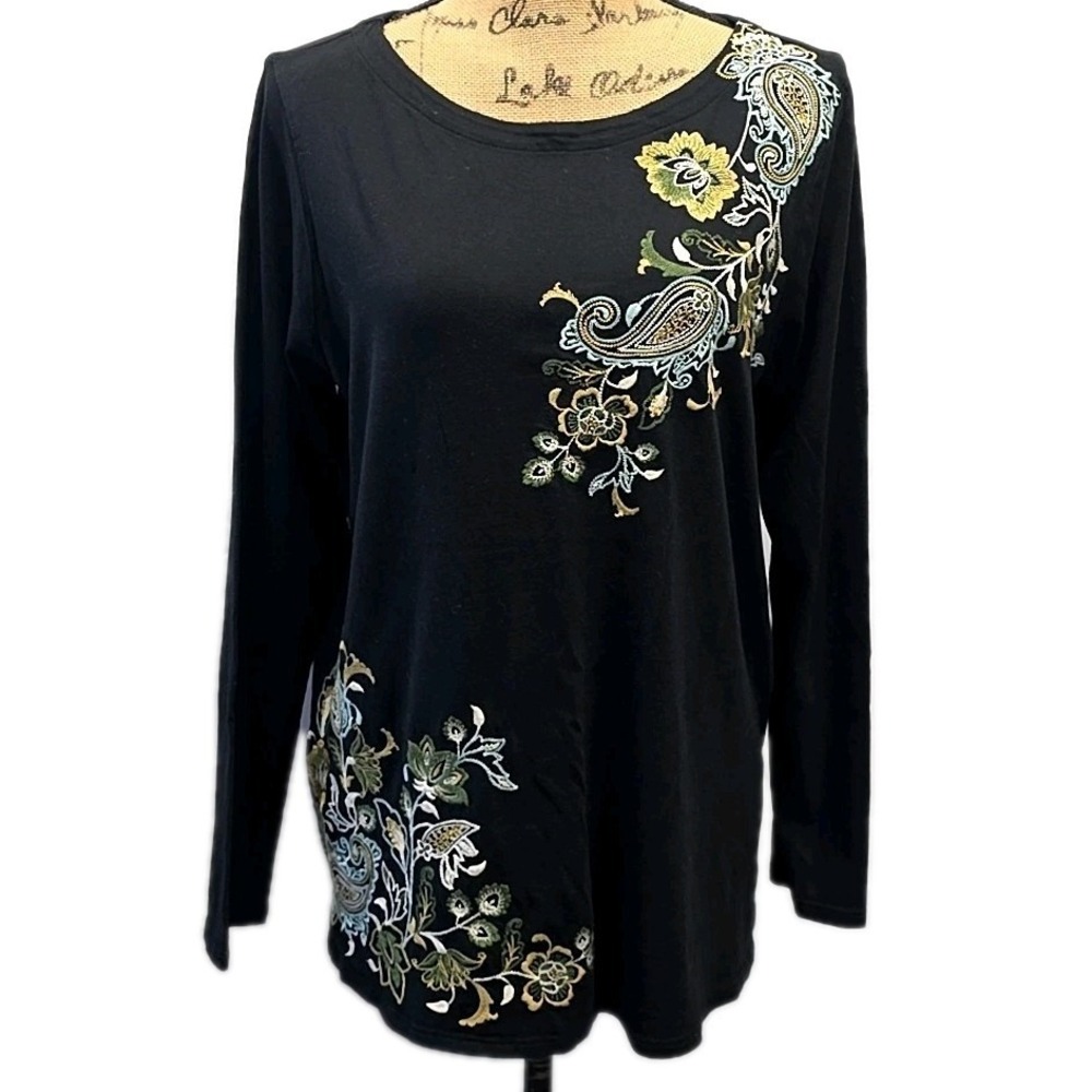 J Jill Black Embroidered Top Paisley Floral Long Sleeve sz M Boho Resort Travel